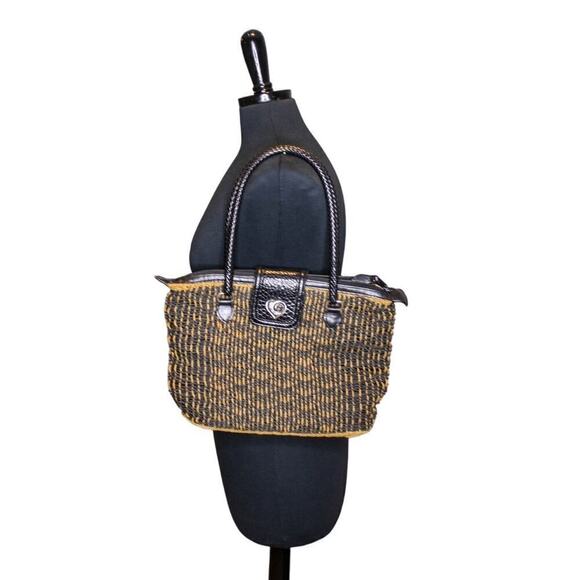 Brighton Handbags - Brighton Shoulder Bag Purse Straw Weave Leather Boho Classic Tan Black